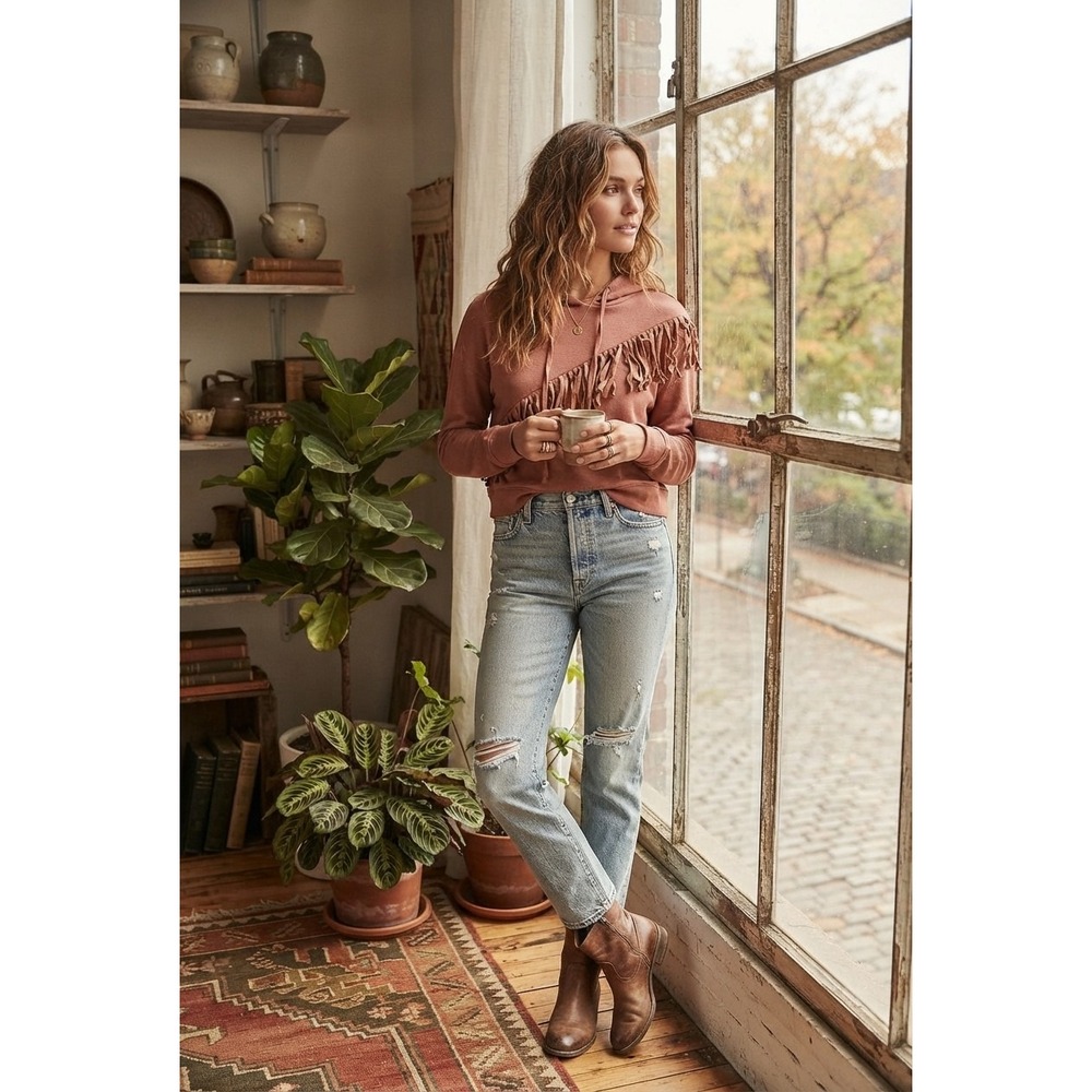 Pilcro Anthropologie Rust Fringe Hooded Sweatshirt XS Pullover OB2435679